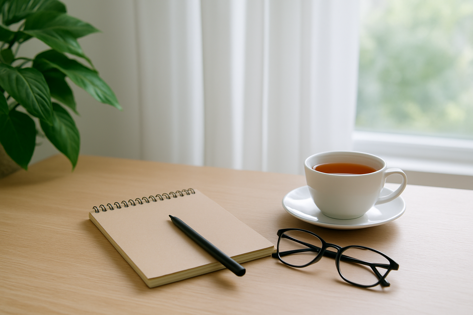 A clean minimalist workspace with a notebook, pen, eyeglasses, a cup of herbal tea, and a plant on a wooden desk, symbolizing natural ways to improve focus without caffeine.