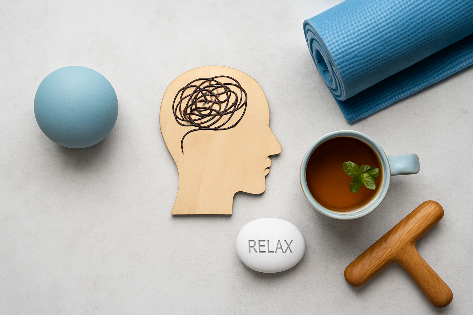 Flat-lay arrangement of stress relief objects including a wooden head silhouette with tangled lines, a blue stress ball, herbal tea, yoga mat, massage tool, and a stone labeled relax, symbolizing natural anxiety relief without medication.