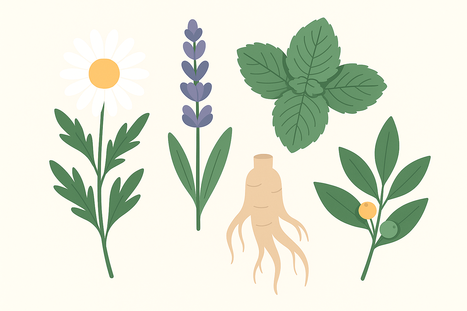 Flat illustration of five medicinal herbs—chamomile, lavender, lemon balm, ginseng, and ashwagandha—arranged on a light background, representing natural remedies for calm and mental focus.