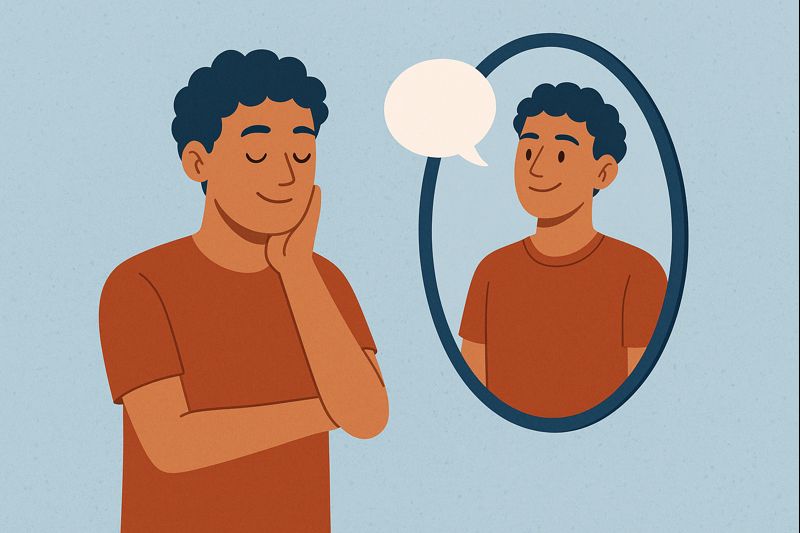 A calm young man looking at his confident reflection in a mirror, symbolizing positive self-talk and inner confidence.