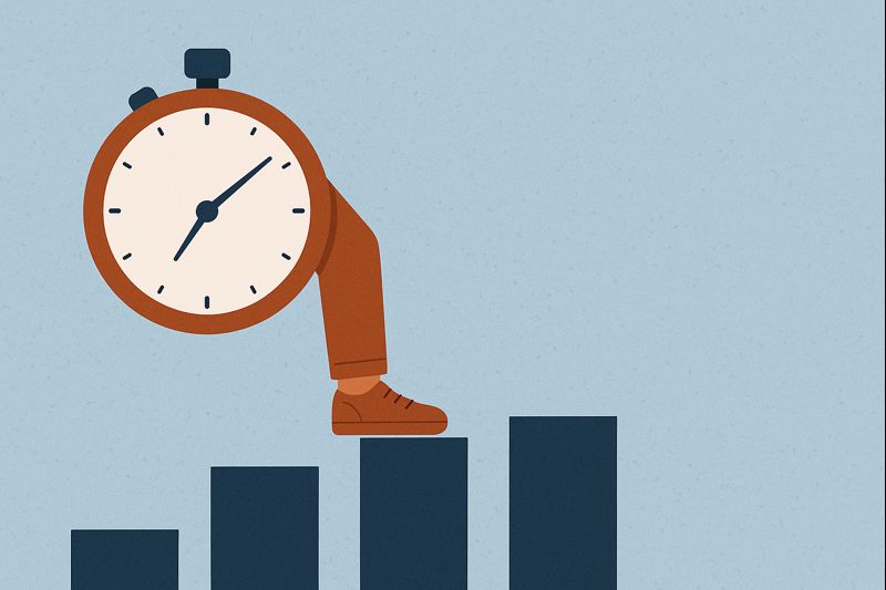 A stopwatch forming a leg stepping upward on rising blocks, symbolizing starting small and building habits through consistent progress.