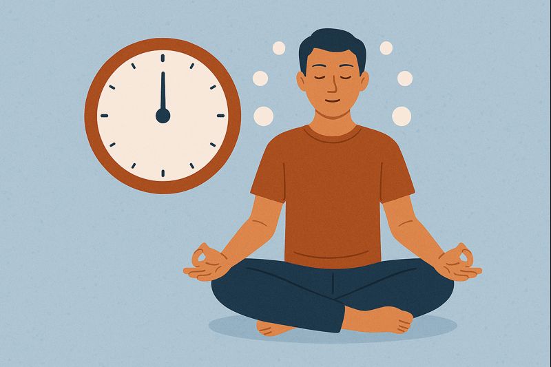 A person sitting in a relaxed meditation pose with a clock beside them, symbolizing short mindfulness exercises for busy schedules.