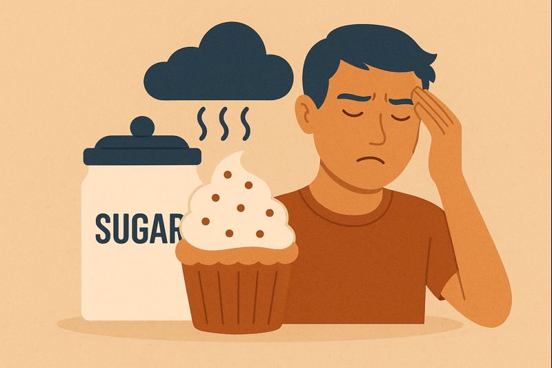 A person holding their head in discomfort beside sugary foods and a dark cloud, symbolizing the negative effects of sugar on mood and mental well-being.
