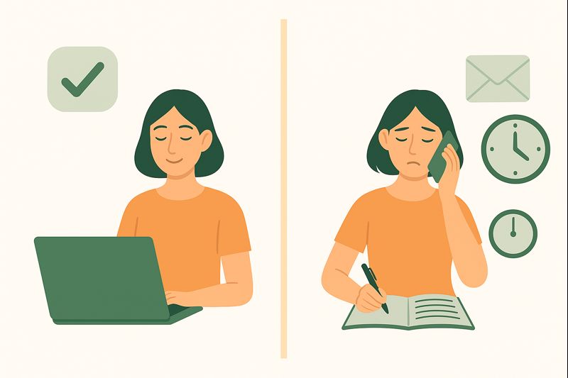 A calm woman focusing on one task at her laptop contrasted with a stressed woman juggling multiple tasks, representing the benefits of single-tasking over multitasking.