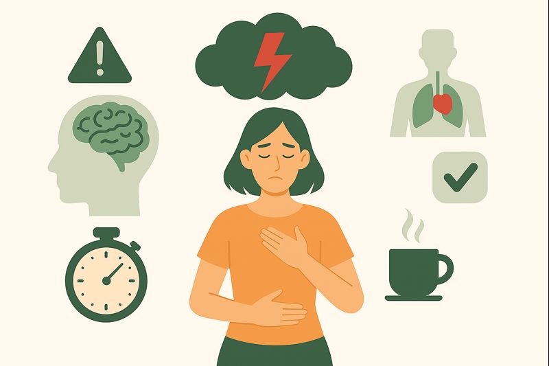 A woman holding her chest with a stressed expression, surrounded by icons of a brain, warning sign, stopwatch, lungs, and calming items, representing how the stress response works and what can help reduce it.