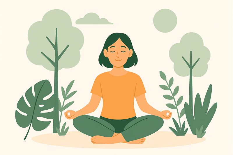 A woman meditating peacefully outdoors surrounded by trees and plants, symbolizing how spending time in nature helps lower stress and promote calm.
