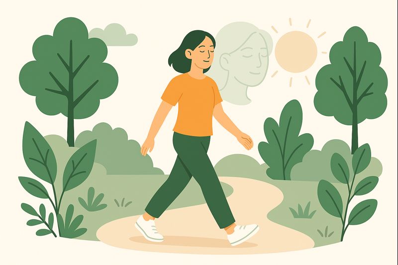 A woman walking peacefully along a nature path surrounded by trees and morning sunlight, symbolizing how morning walks boost mental clarity and freshness.