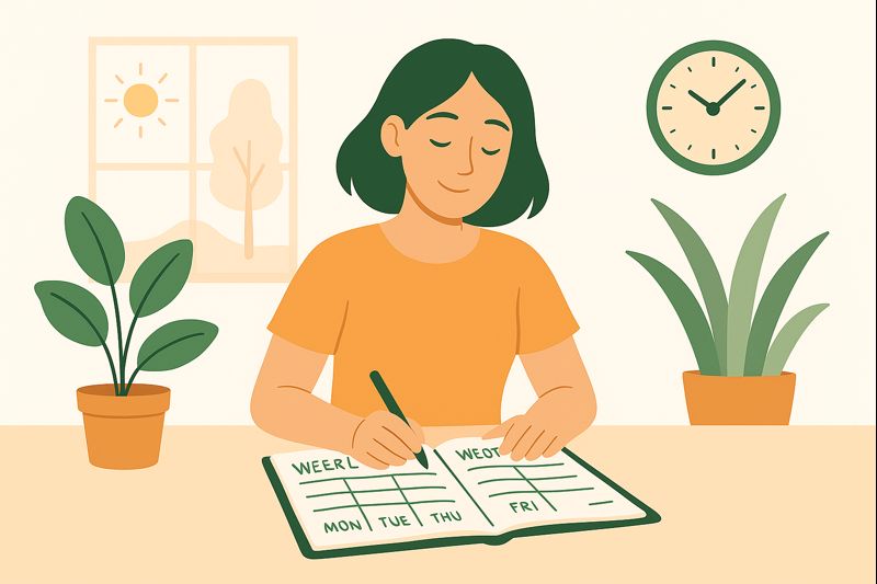 A woman writing in a weekly planner at a desk with plants, a window, and a wall clock, symbolizing how weekly planning helps improve organization and productivity.