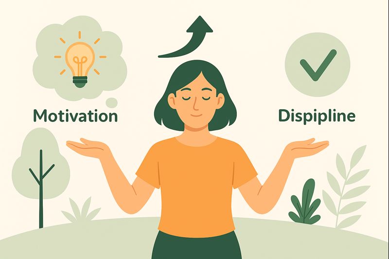 A woman balancing two concepts with a lightbulb symbol representing motivation on one side and a checkmark representing discipline on the other, highlighting the difference between motivation and disciplined action.
