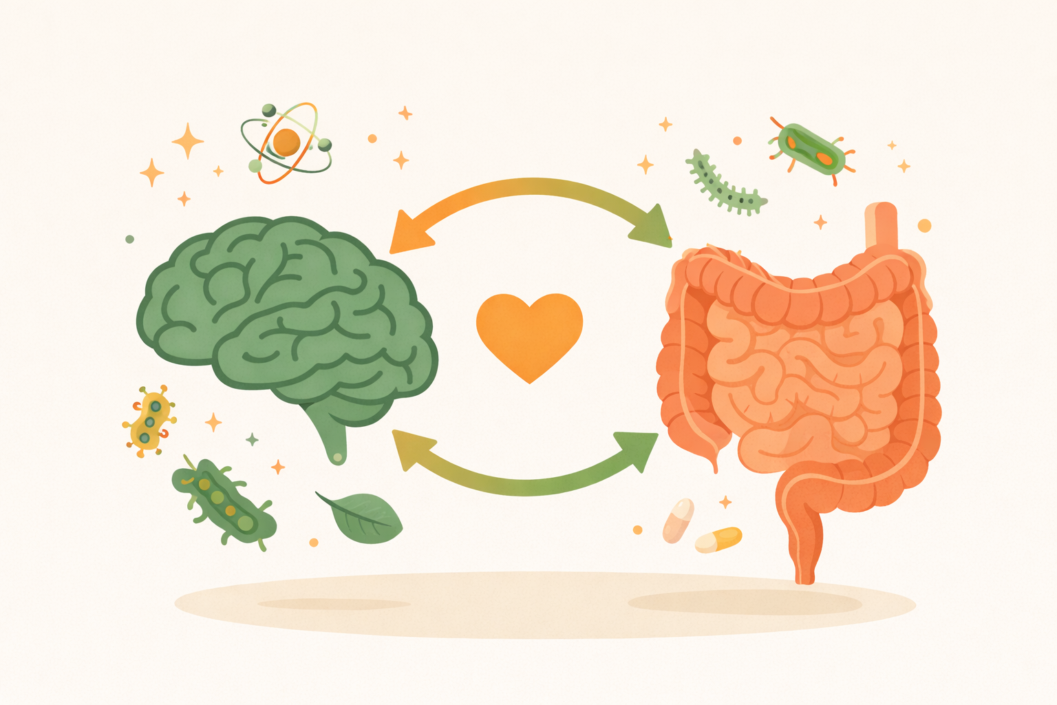 A brain and digestive system connected by arrows and a heart symbol, surrounded by bacteria and nutrient icons, illustrating the two-way relationship between gut health and brain function.