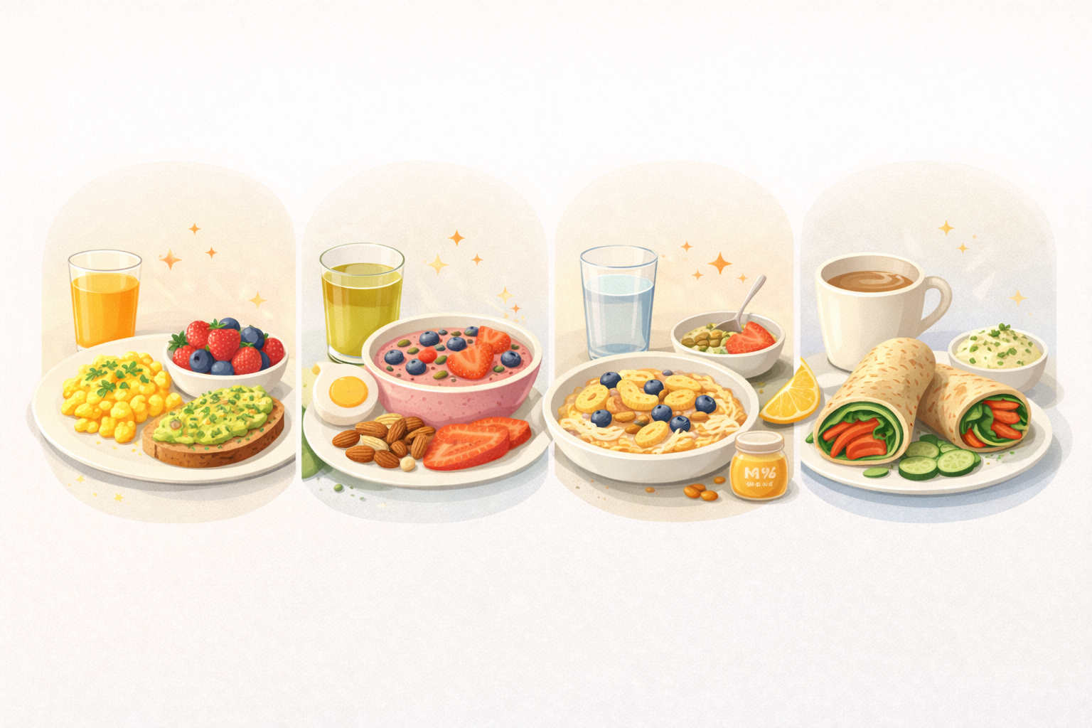 Four nutritious breakfast plates with eggs and avocado, smoothie bowls, oatmeal with fruit, and veggie wraps, symbolizing balanced breakfast ideas that support mental clarity and focus.
