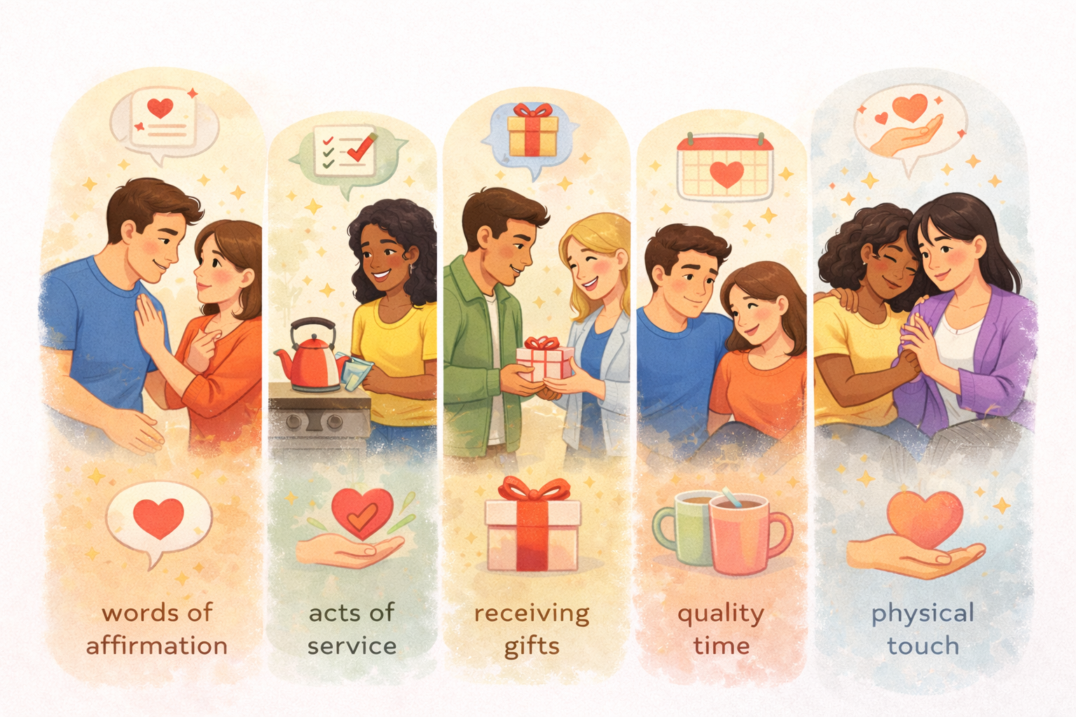 Five scenes showing words of affirmation, acts of service, receiving gifts, quality time, and physical touch, illustrating the different love languages and how people express and receive affection.