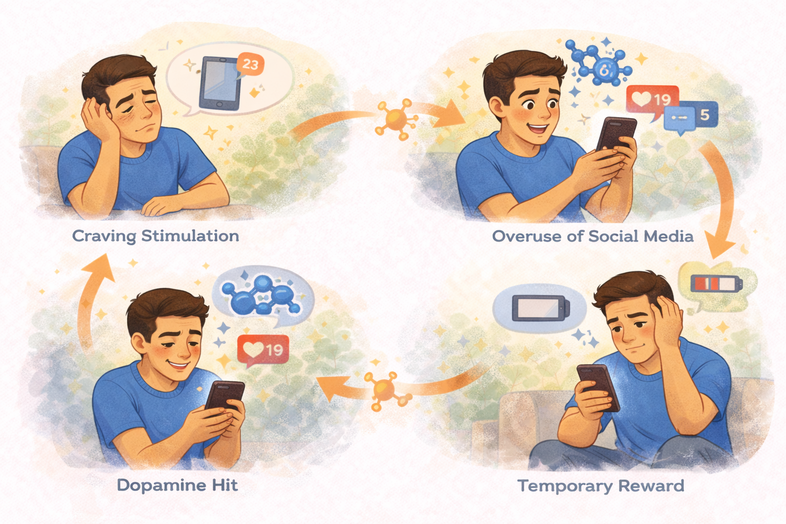 A sequence of scenes showing a person repeatedly checking a smartphone for notifications, experiencing short bursts of excitement followed by fatigue, illustrating the dopamine loop behind scroll addiction and social media overuse.