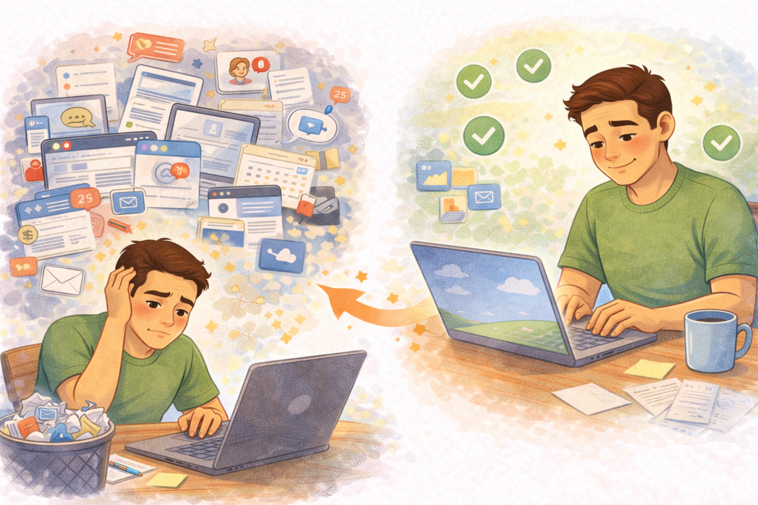 A split scene showing a stressed person overwhelmed by digital clutter and notifications, contrasted with a calm, organized workspace after cleaning digital files and apps, illustrating how a clean digital space supports mental clarity.