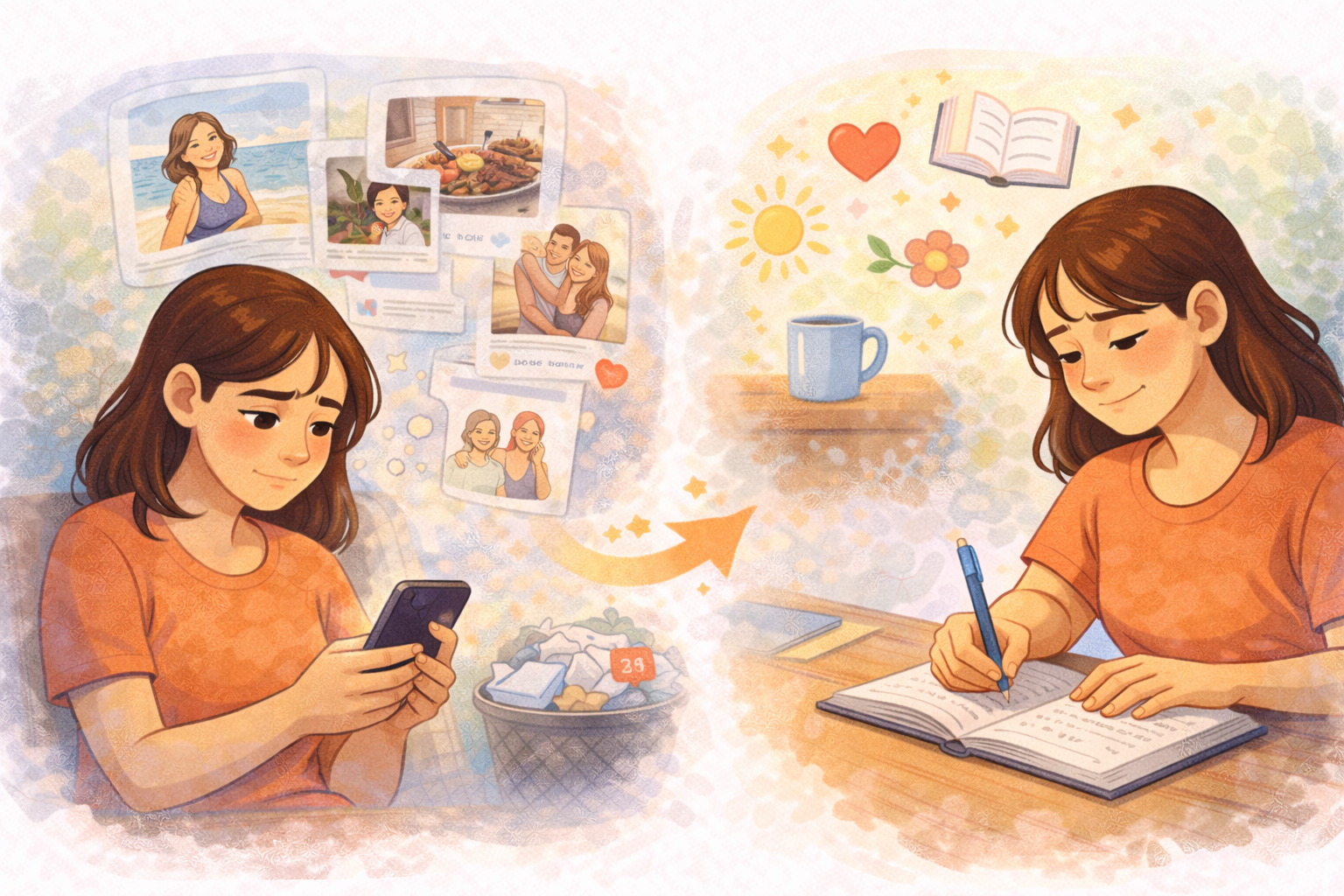 A split scene showing a woman distracted while scrolling on a smartphone contrasted with her calmly writing in a paper journal, illustrating the mental clarity and reflection benefits of analog journaling over digital use.