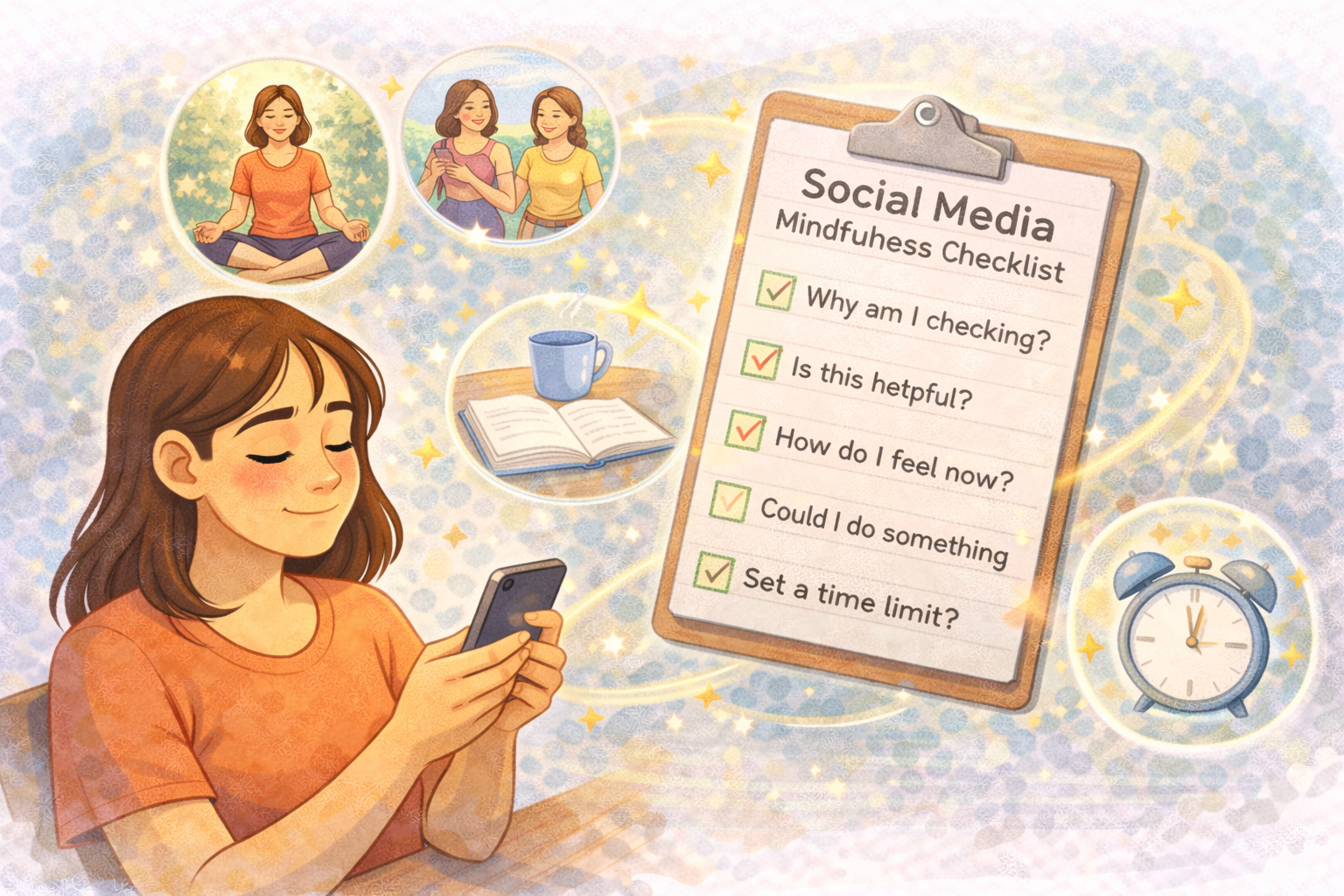 A woman calmly using her smartphone while reviewing a mindfulness checklist, surrounded by peaceful activities like meditation, reading, walking, and setting time limits, representing mindful social media use.