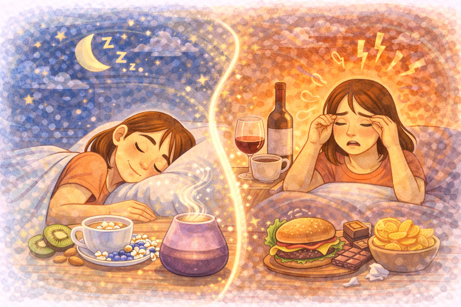 A split scene showing calming evening foods like herbal tea, fruit, and nuts supporting restful sleep contrasted with caffeine, alcohol, and junk food causing sleep disruption, illustrating how food choices impact sleep.