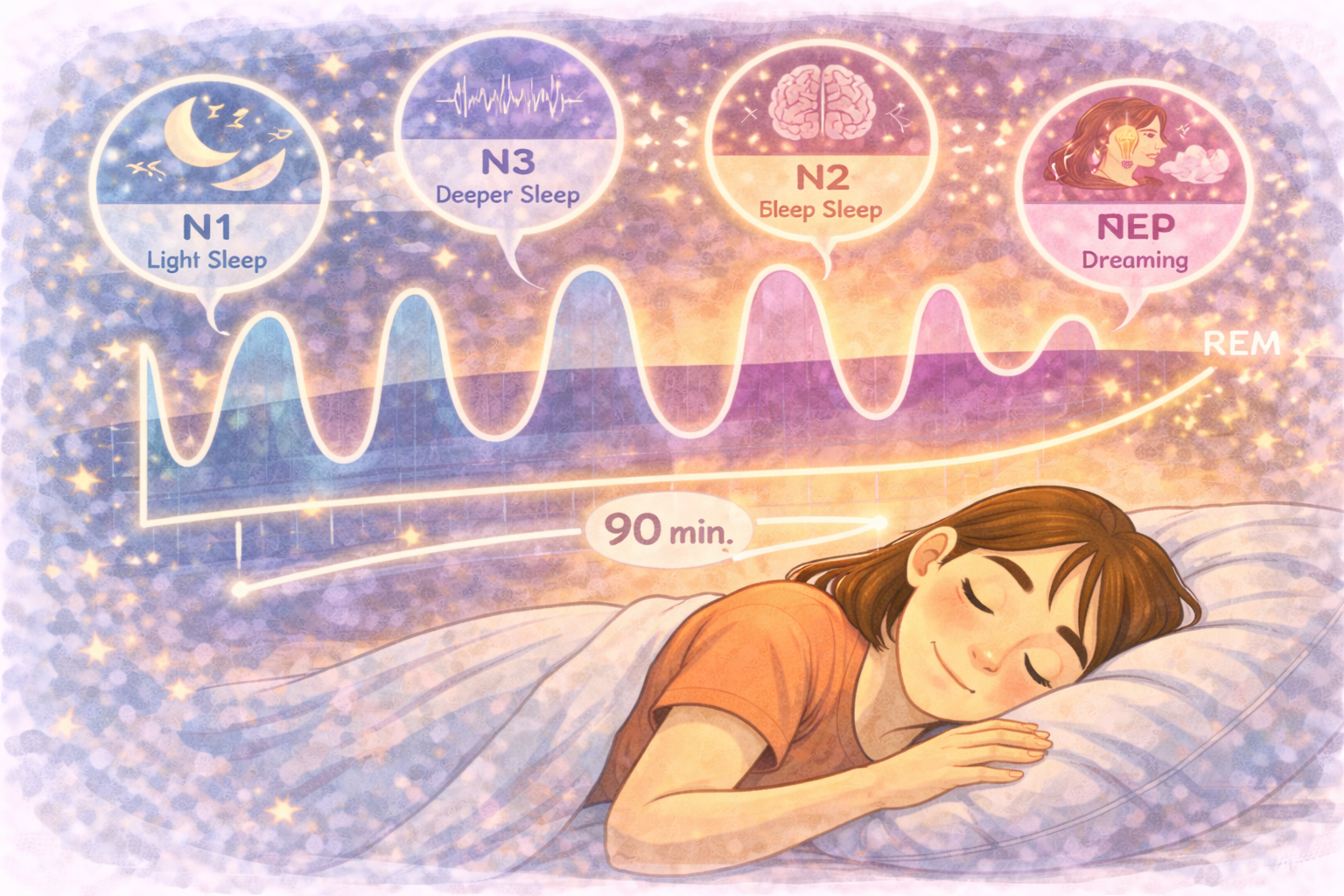 A woman sleeping peacefully while a visual sleep cycle chart shows stages of light sleep, deep sleep, and REM over time, illustrating how sleep cycles work throughout the night.