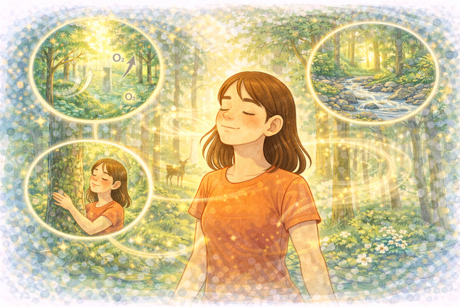 A woman standing peacefully in a sunlit forest, breathing deeply and surrounded by trees, flowing water, and natural light, illustrating how forest bathing supports relaxation, stress relief, and mental well-being.