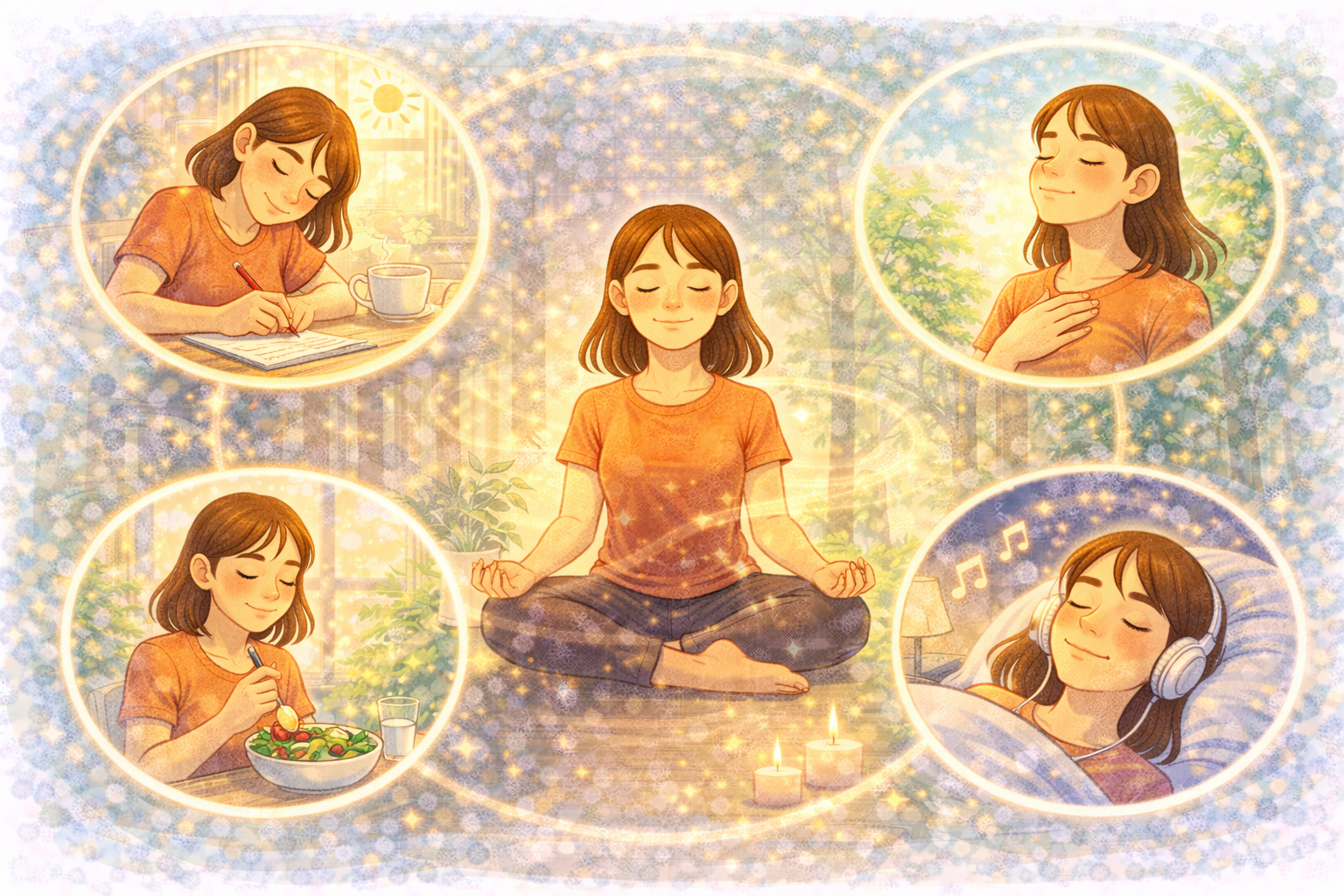 A woman practicing daily mindfulness rituals such as journaling, meditation, mindful eating, breathing, and relaxing with music, illustrating habits that support emotional balance and well-being.