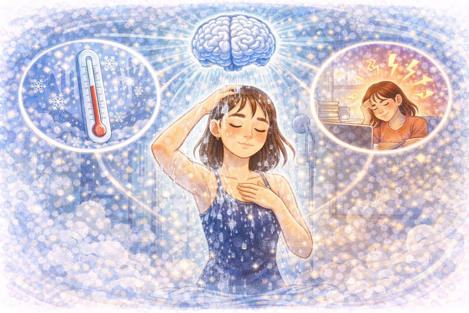 A woman calmly standing under a cold shower with water flowing over her, surrounded by symbols of the brain, cold temperature, and reduced stress, illustrating how cold exposure can strengthen mental resilience and emotional control.