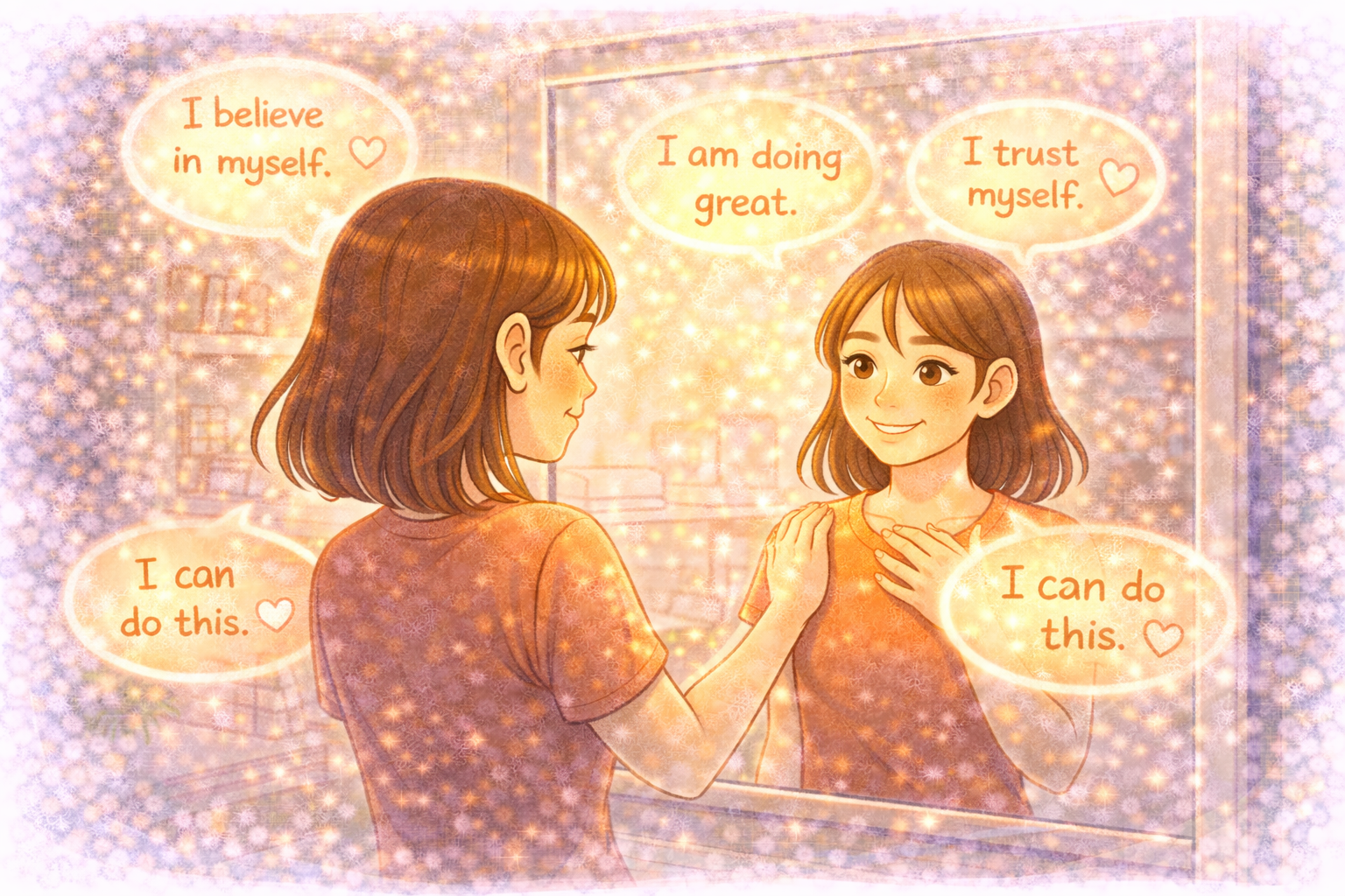 A woman standing in front of a mirror with a calm, confident expression, reflecting self-trust and positive self-talk as part of the mirror habit practice.
