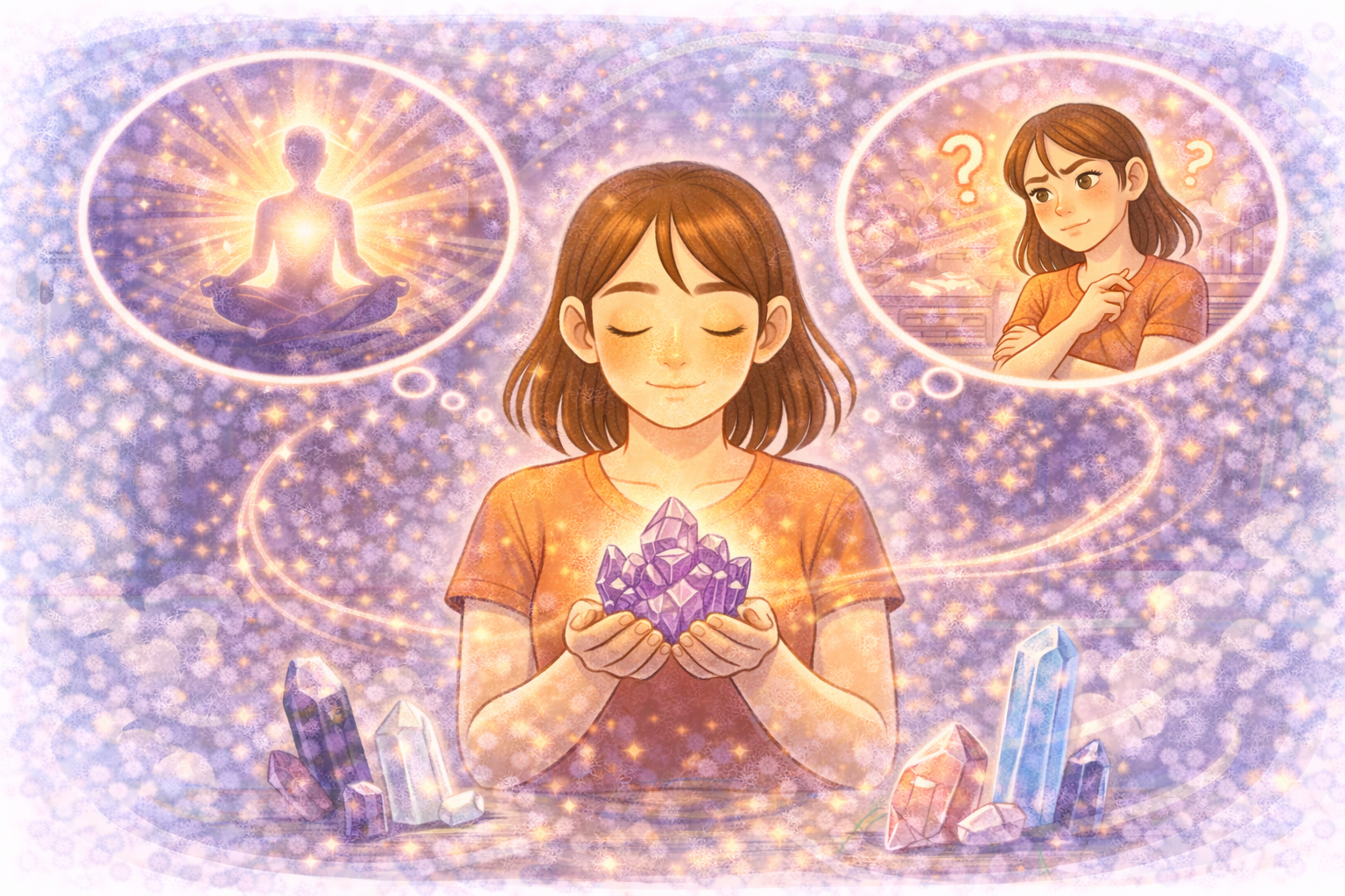 A woman holding a glowing crystal while contrasting thoughts of calm meditation and skepticism appear around her, illustrating the debate between belief and scientific benefit in crystal-based mental energy practices.