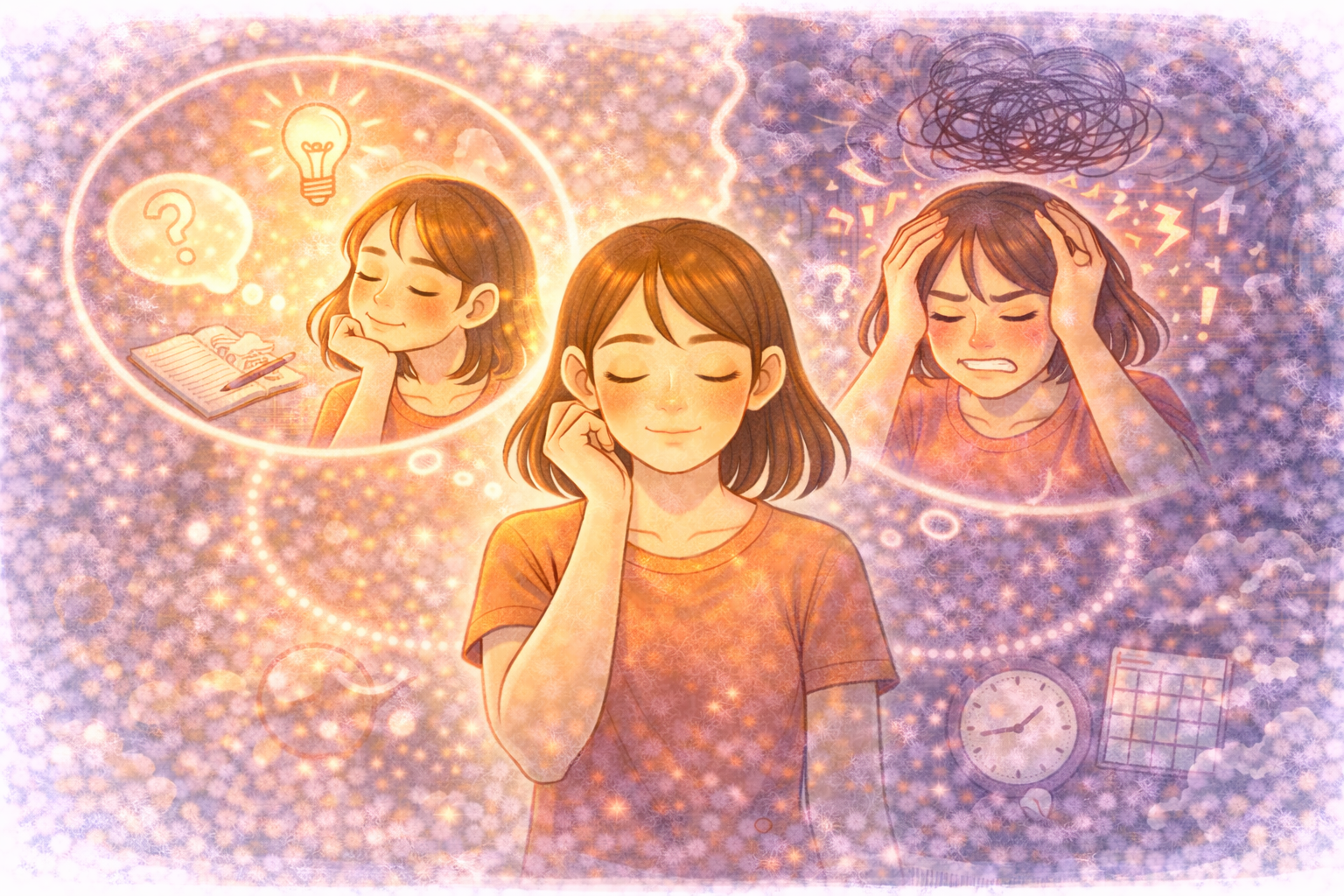 A woman shown in contrasting states—calm self-reflection with clarity and insight versus anxious overthinking with mental chaos—illustrating the difference between healthy reflection and rumination.