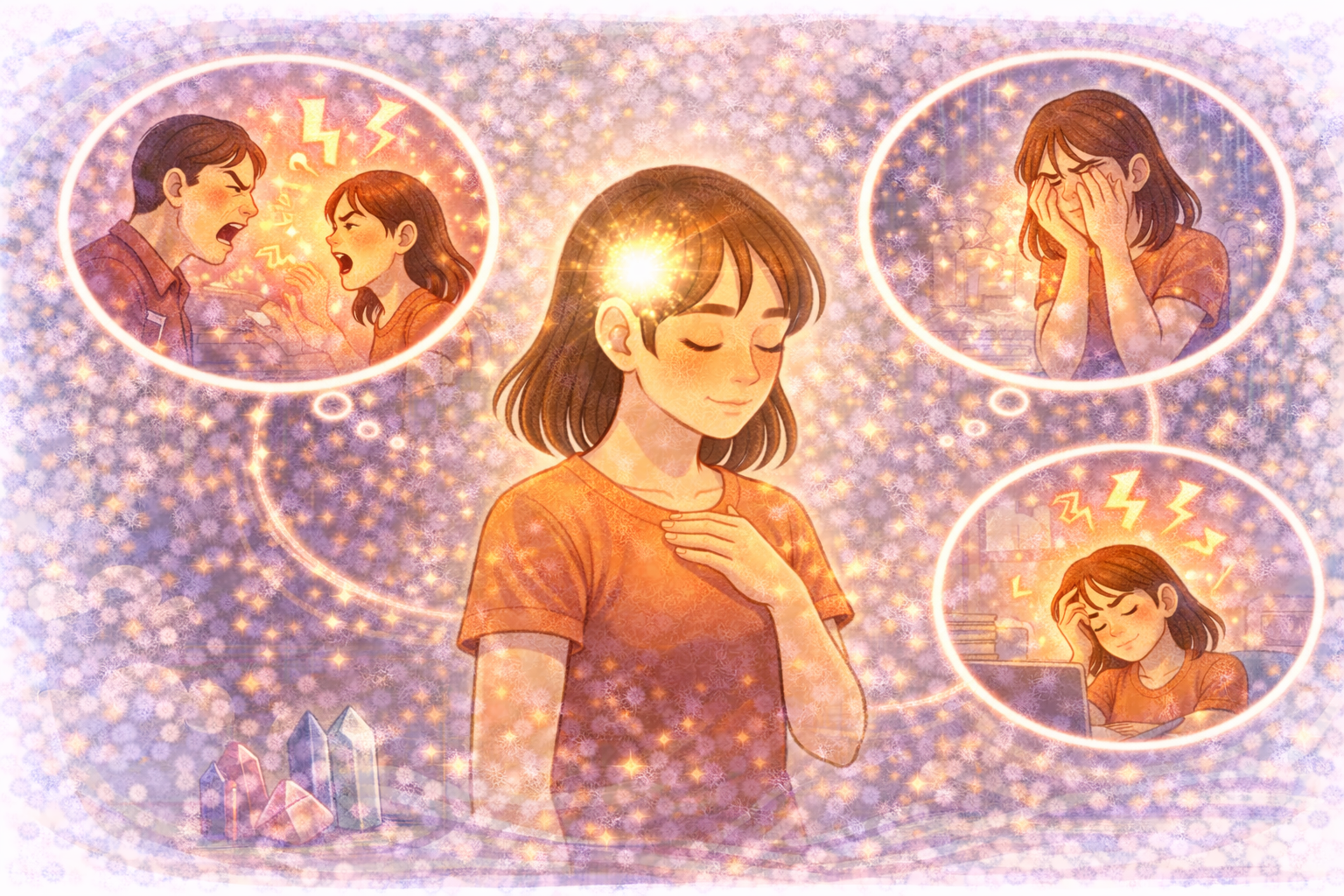 A woman calmly reflecting with her hand on her chest while surrounding scenes depict emotional triggers like anger, sadness, and overwhelm, illustrating the role of self-awareness in understanding and managing emotional reactions.