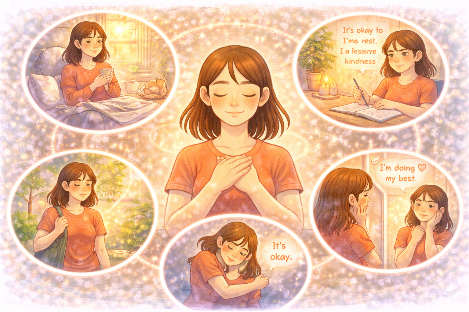 A woman with hands over her heart surrounded by scenes of journaling, resting, walking in nature, self-soothing, and positive self-talk, illustrating daily self-compassion practices that support emotional well-being.